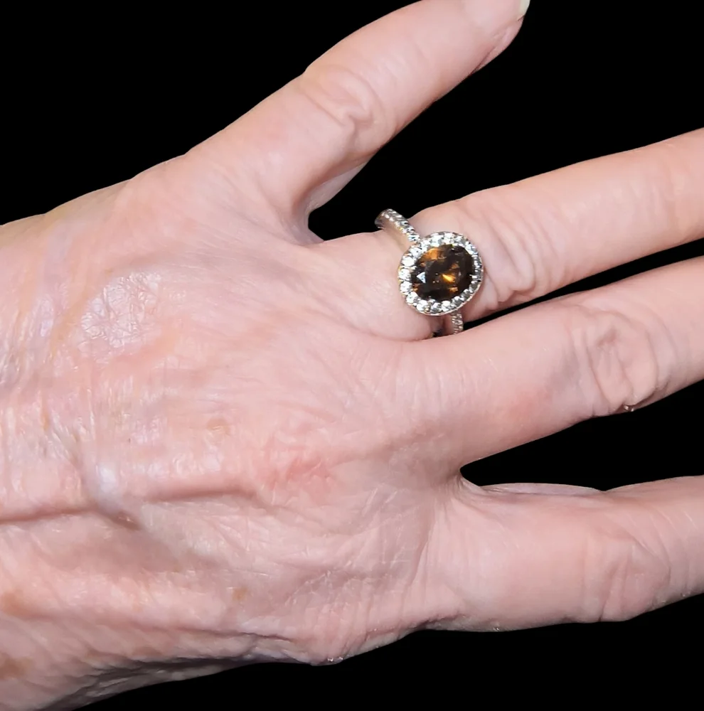 Sterling Silver, Clear & Cognac Colored CZ Halo Ring
